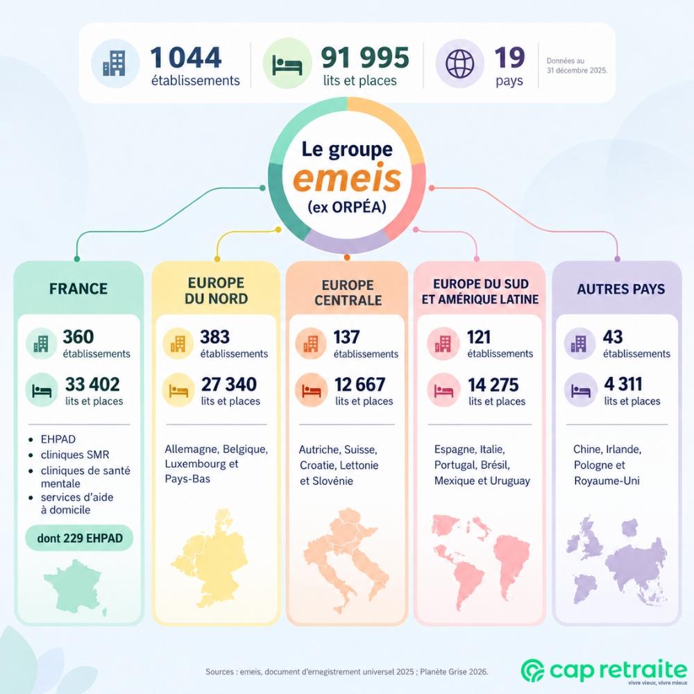 Infographie sur le groupe emeis : ehpad, cliniques, services d'aide à domicile