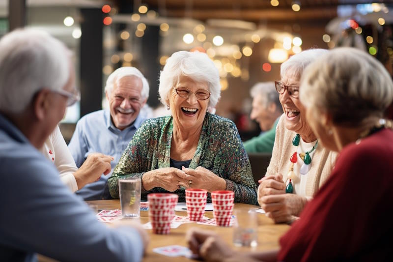 Personnes âgées souriantes autour d'une table en résidence pour seniors