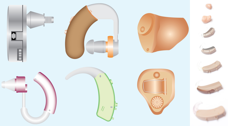 Quelques exemples des différents types de prothèses auditives : schéma et photos