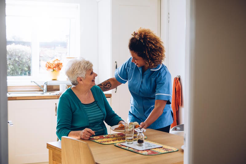 Une personne âgée et son aide à domicile dans un appartement en foyer logement senior