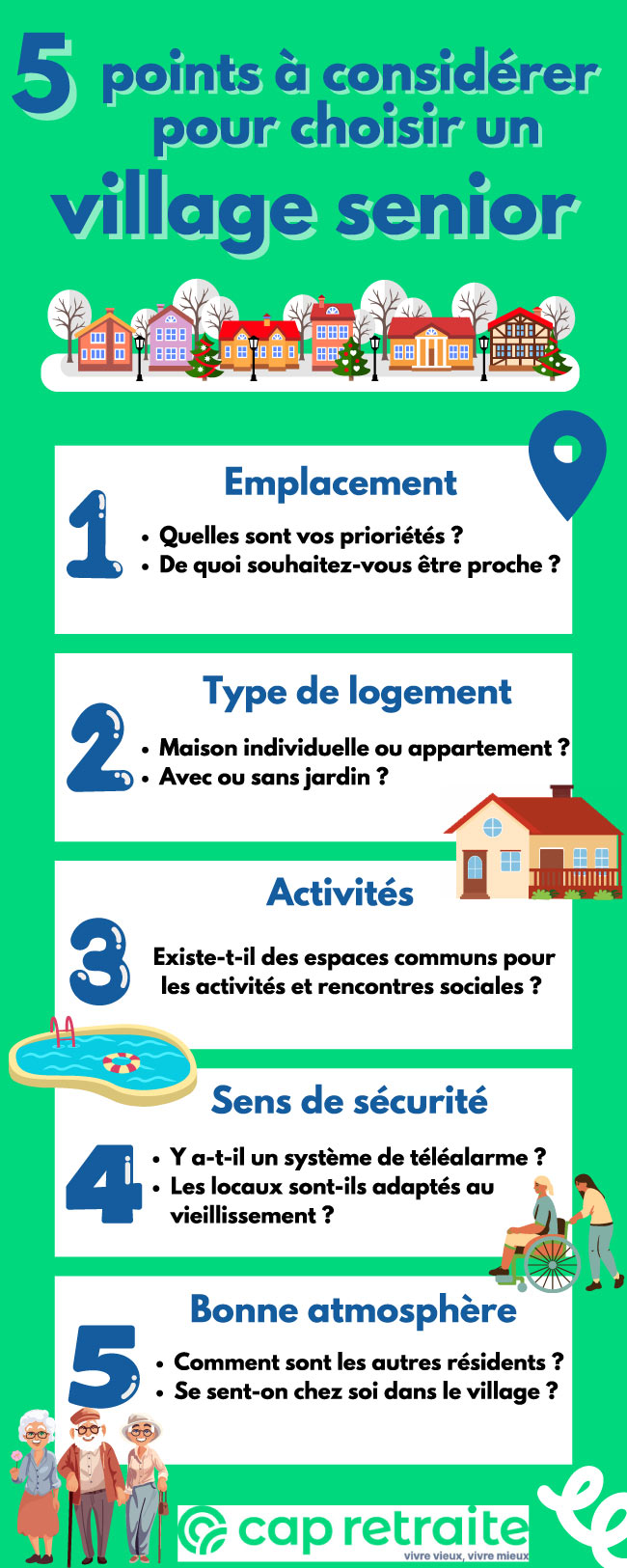 Infographie présentant les points à considérer avant de choisir un village senior pour les personnes âgées