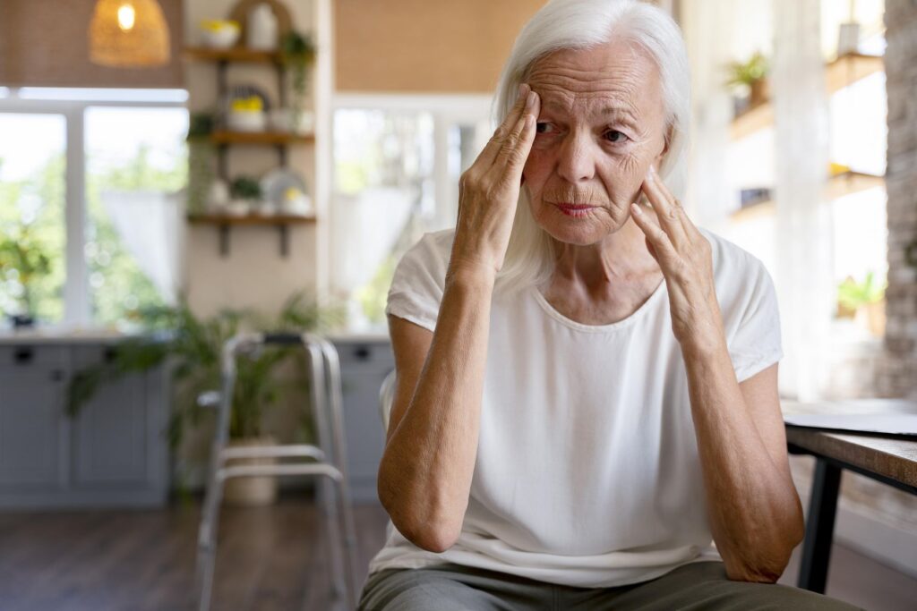 La réalité de la dépression chez les personnes âgées . Une femme âgée regarde le vide d'un aire desespéré