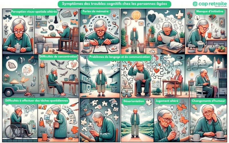 Bande dessinée illustrant les principaux symptômes de troubles cognitifs chez les personnes âgées