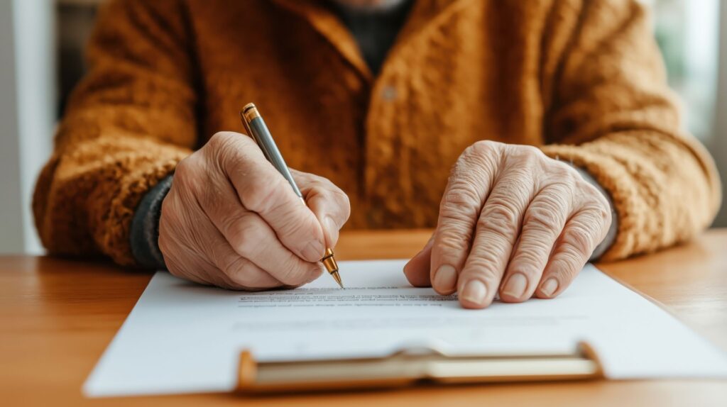 senior signant un contrat de séjour en EHPAD