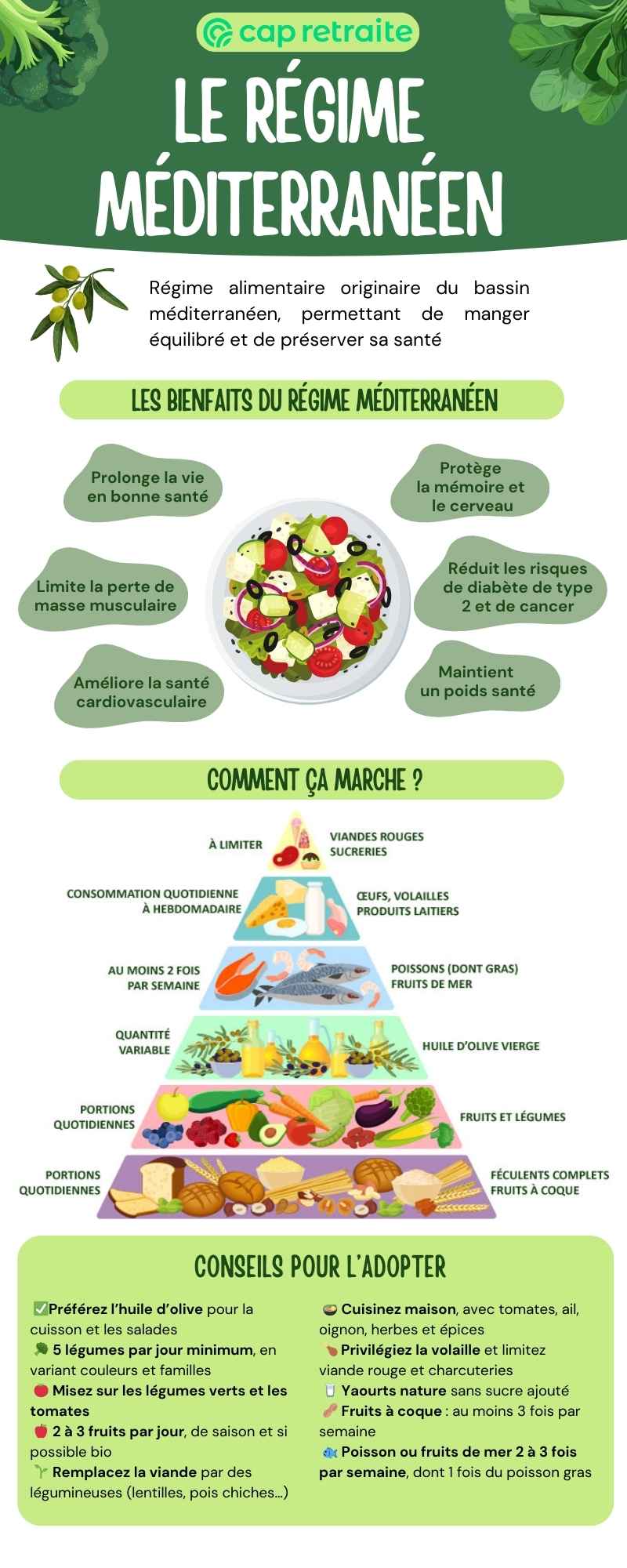 Infographie sur le régime méditerranéen : bienfaits, pyramide et menu