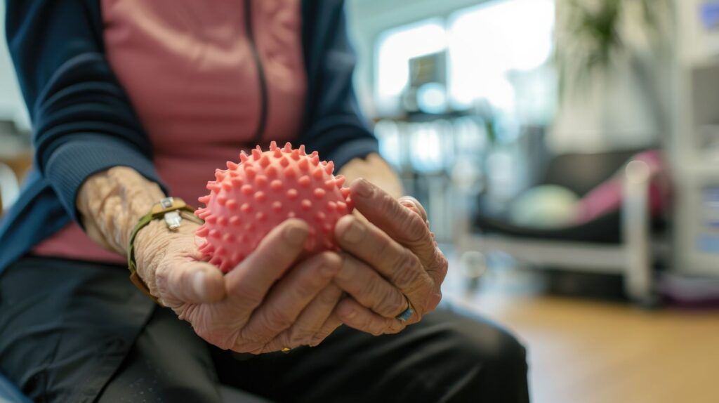 femme âgée en atelier mémoire avec une balle sensorielle dans les mains