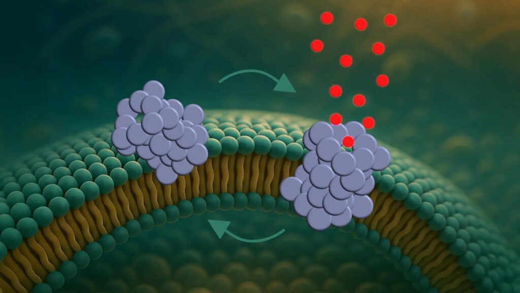 L’image montre un oligomère d’α-synucléine (en bleu) qui s’insère dans une membrane cellulaire (à gauche) puis forme un pore (à droite), laissant passer des molécules avant de revenir à son état initial.