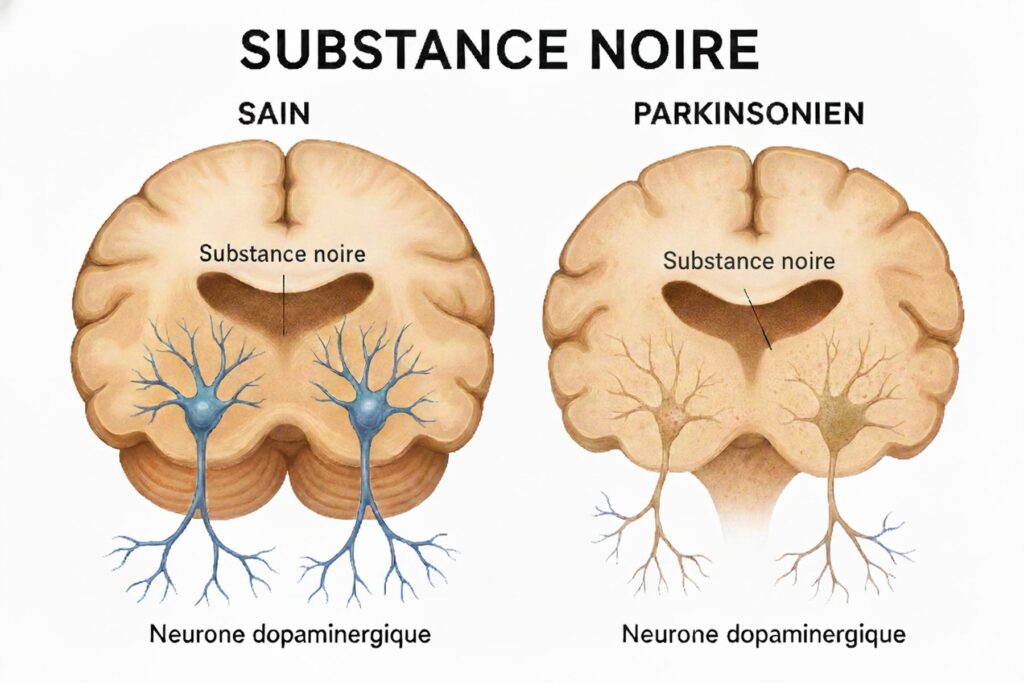 Schéma de la substance noire dans un cortex cérébral sain contre celui d'une personne atteinte de Parkinson.