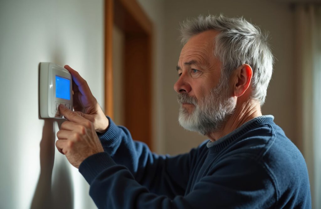 Senior qui installe un thermostat programmable pour contrer le froid du logement