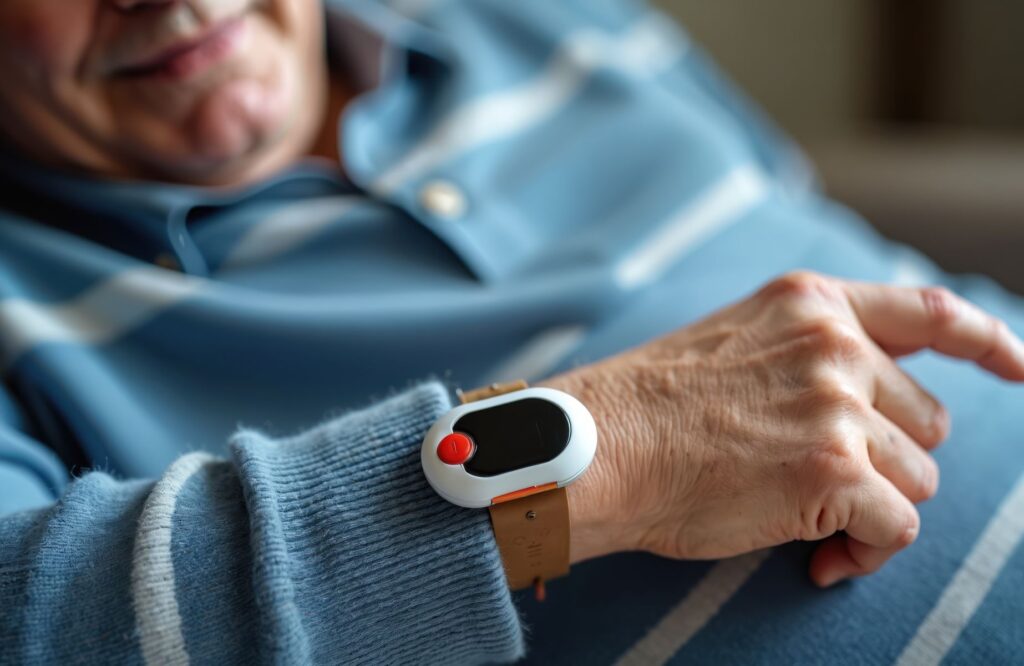 Senior qui porte une montre téléalarme pour sa sécurité