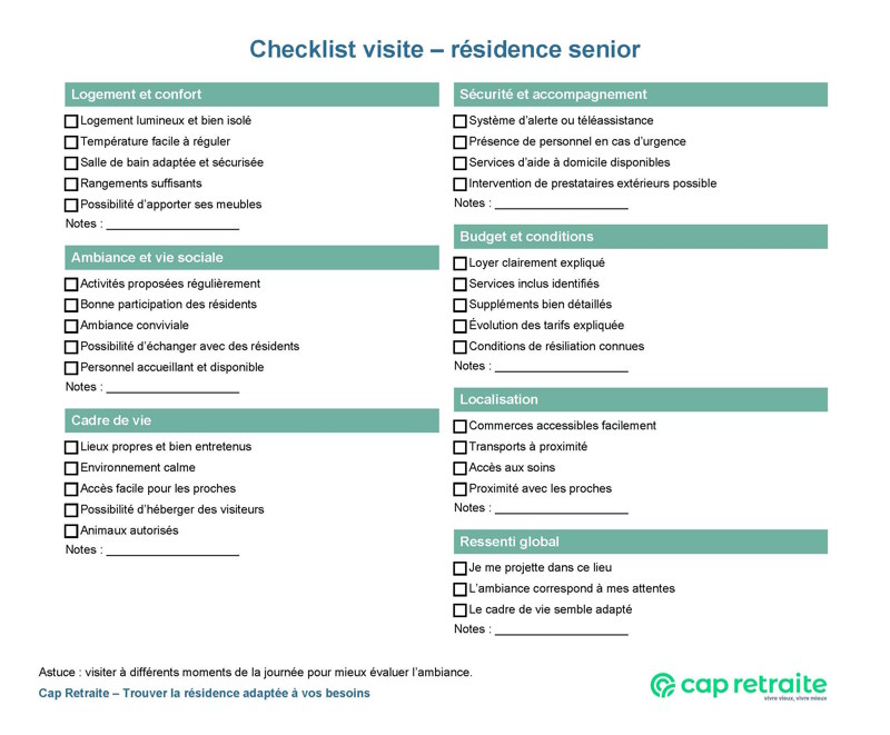 Checklist des questions à poser lors de la visite d'une résidence senior