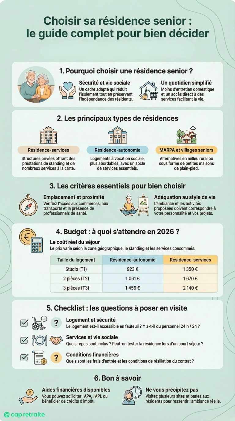 Infographie sur les critères et questions à poser pour bien choisir sa résidence senior