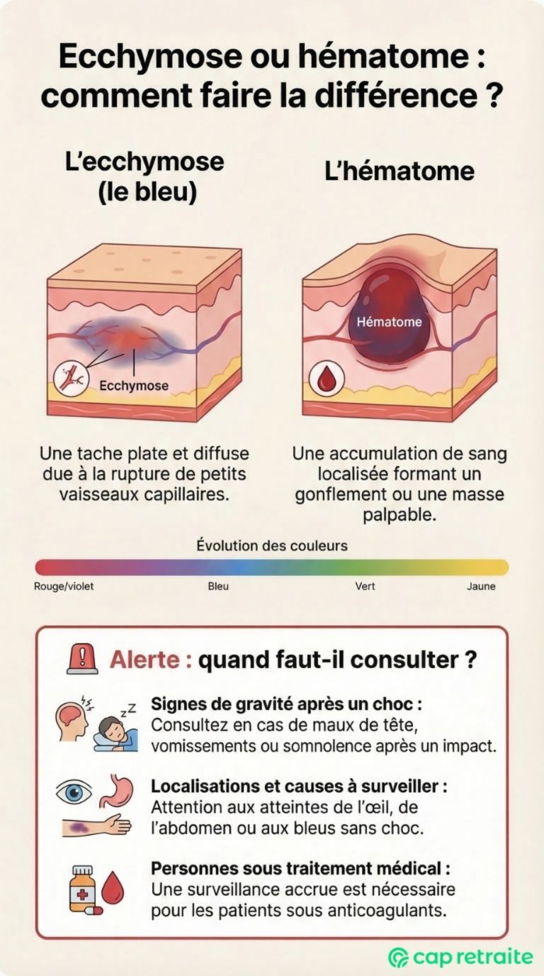 Infographie sur les différences entre ecchymose et hématome et les signes d'alerte