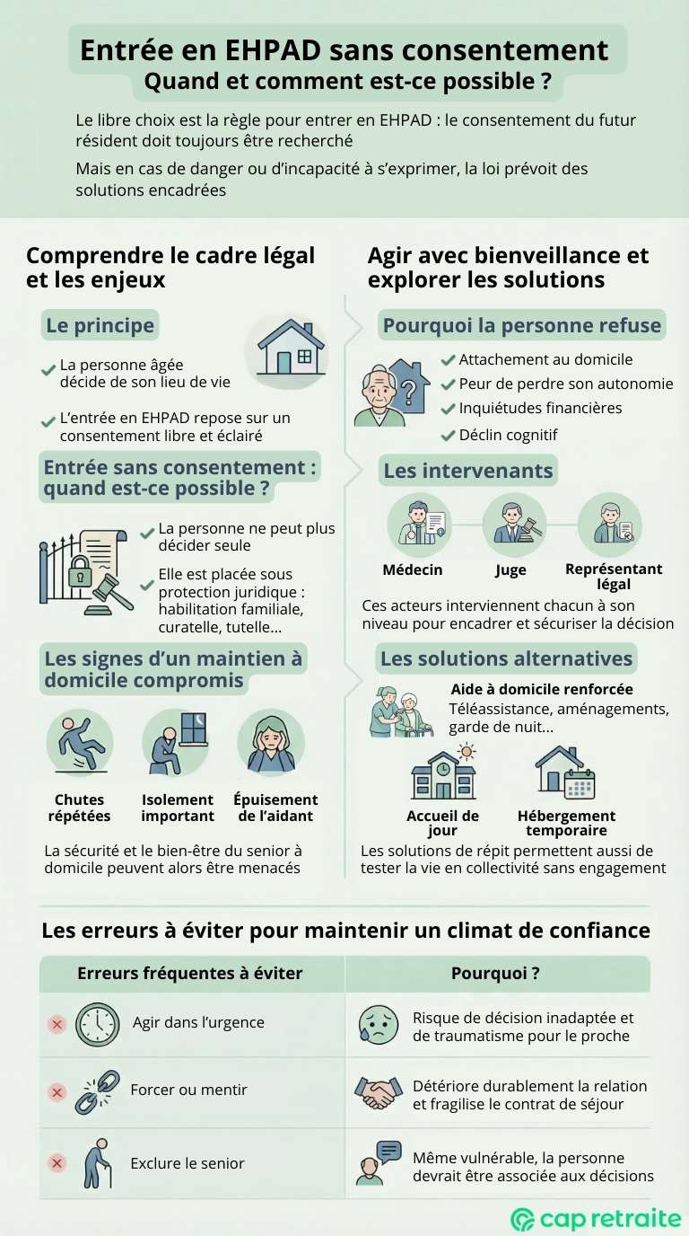Infographie sur les conditions de l'entrée en Ehpad sans consentement : cadre juridique et solutions