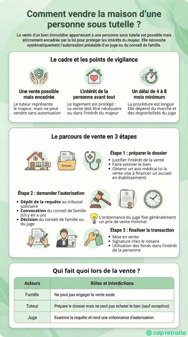 Infographie sur la vente d'une maison ou d'un bien immobilier sous tutelle : que dit la loi et comment agir