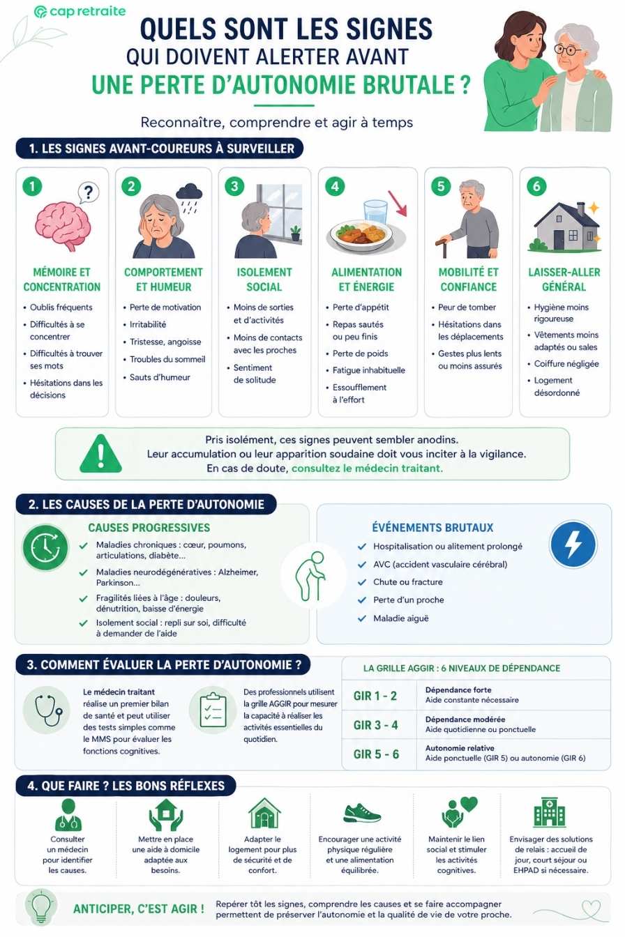 Infographie sur les signes d'alerte d'une perte d'autonomie brutale