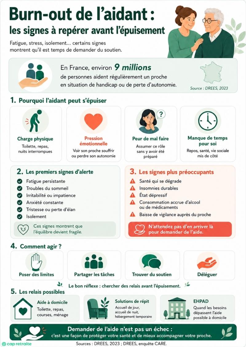 Infographie sur les signes de burn-out de l'aidant à repérer en amont pour prévenir l'épuisement