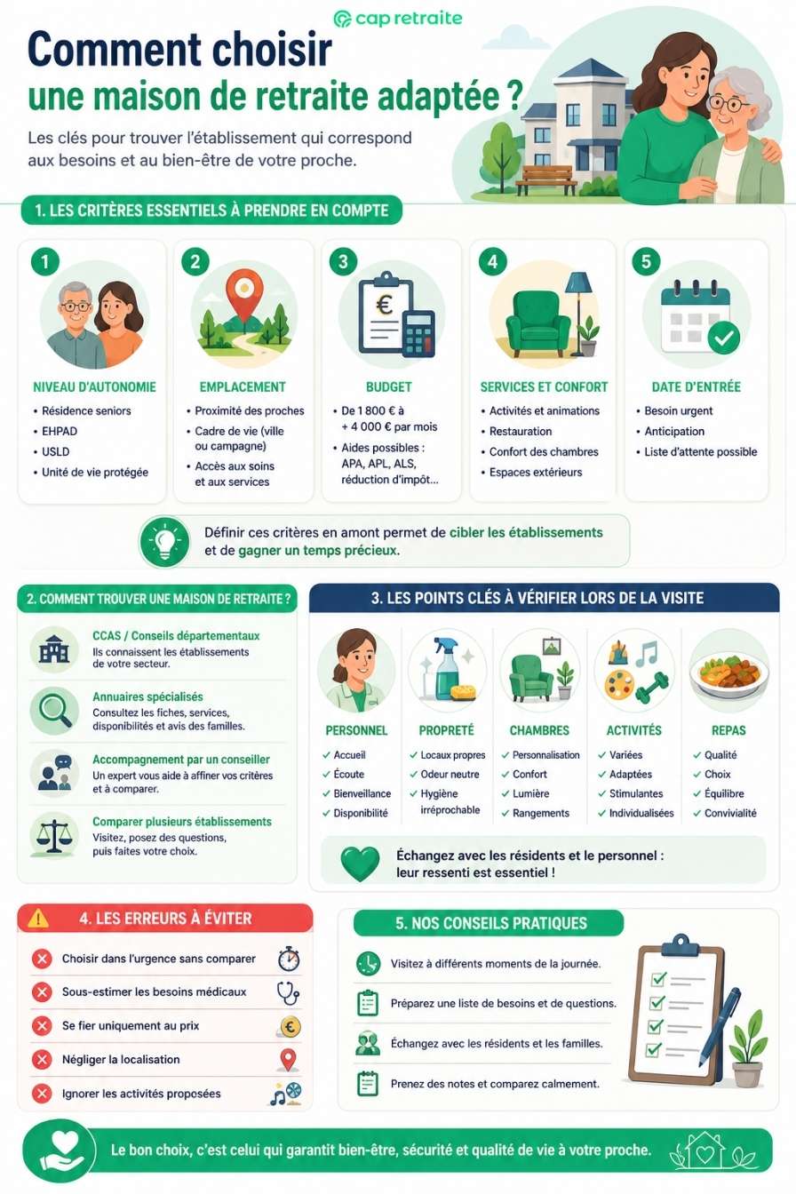 Infographie sur comment choisir une maison de retraite adaptée quand tous les établissements se ressemblent : critères et conseils pour la visite