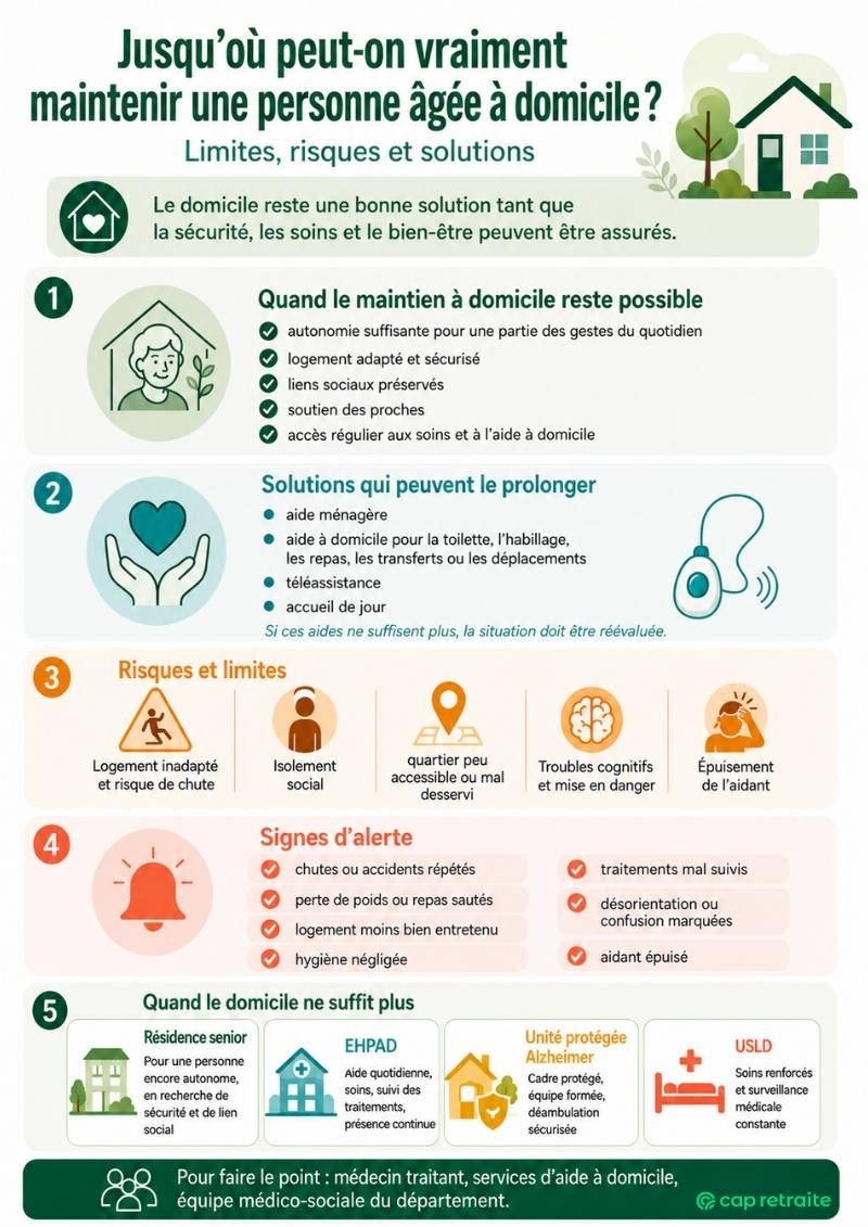 Infographie sur le maintien à domicile : risques, limites et solutions