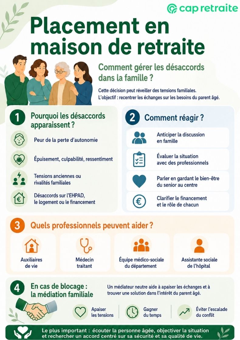 Infographie sur les désaccords familiaux liés au placement en Ehpad : causes et solutions