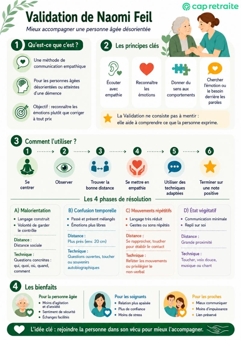 Infographie sur la Validation de Naomi Feil : une méthode de communication empathique avec les personnes âgées désorientées